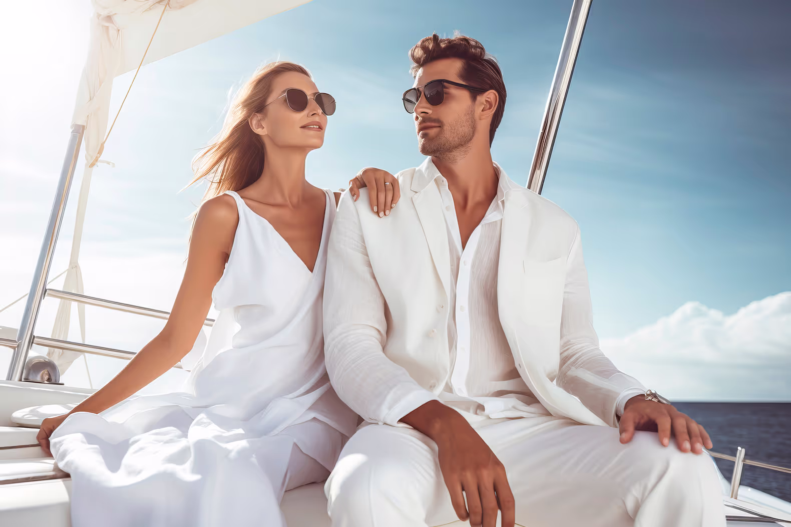 Ein Pärchen genießt die Sonne auf ihrer Yacht sie haben beide volles Haar.