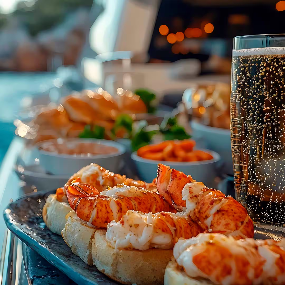 Ein üppig gedeckter Tisch mit Champagner, Bruschetta und Garnelen.
